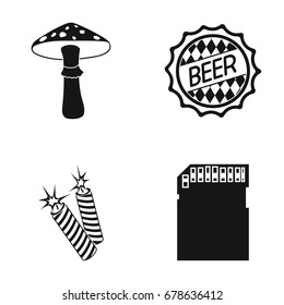 Amanita, beer and other web icon in black style. petard, micro CD icons in set collection.