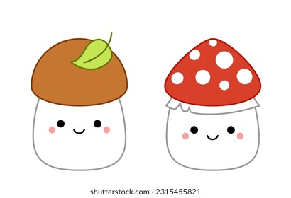 Amanita, boletus. Mushrooms. Squishmallow. Cute soft plush toy. Pillow. Kawaii, cartoon. Isolated vector illustration eps 10