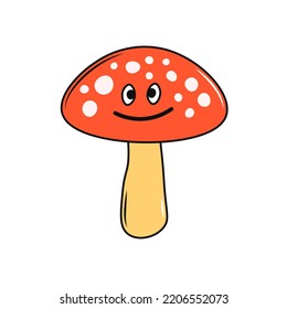 Amanita cartoon character vector illustration. Funny fly agaric print. Childish nature element art. Red poisonous mushroom. Toadstool. Kids fairytale design