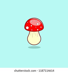 Amanita in cartoon style. Childrens illustration in a modern linear flat design. Mushroom on a blue background. Vector illustration.