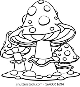 Amanita in cartoon style, coloring page. Education paper game for the development of children, kids preschool activity.