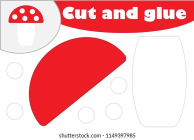 Amanita in cartoon style, education game for the development of preschool children, use scissors and glue to create the applique, cut parts of the image and glue on the paper, vector illustration