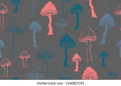 Amanita choky mushrooms seamless pattern illustration. Magic forest fungus isolated. Pale toadstool or amanita mushrooms print. Agaric doodle. Textile print background.