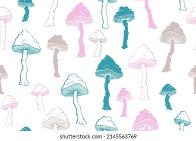 Amanita choky mushrooms seamless pattern illustration. Magic forest fungus isolated. Pale toadstool or amanita mushrooms print. Agaric sketch. Textile print background.