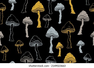 Amanita choky mushrooms seamless pattern illustration. Fantasy forest fungus isolated. Pale toadstool or amanita mushrooms print. Agaric sketch. Fabric print background.