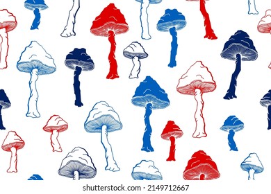 Amanita choky mushrooms seamless pattern illustration. Magic forest fungus isolated. Pale toadstool or amanita mushrooms print. Agaric sketch. Fabric print background.