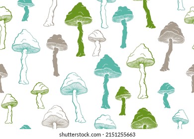 Amanita choky mushrooms seamless pattern illustration. Magic forest fungus isolated. Pale toadstool or amanita mushrooms print. Agaric doodle. Fabric print background.