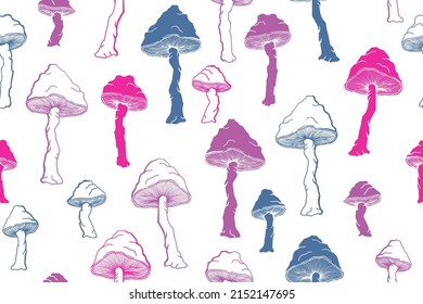 Amanita choky mushrooms seamless pattern illustration. Fairy forest fungus isolated. Pale toadstool or amanita mushrooms print. Agaric doodle. Textile print background.