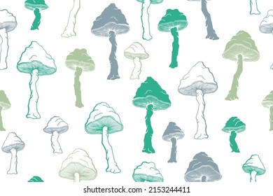 Amanita choky mushrooms seamless pattern illustration. Fantasy forest fungus isolated. Pale toadstool or amanita mushrooms print. Agaric sketch. Fabric print background.