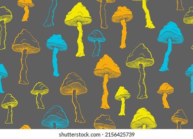 Amanita choky mushrooms seamless pattern illustration. Fantasy forest fungus isolated. Pale toadstool or amanita mushrooms print. Agaric sketch. Textile print background.