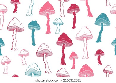 Amanita choky mushrooms seamless pattern illustration. Fantasy forest fungus isolated. Pale toadstool or amanita mushrooms print. Agaric doodle. Fabric print background.