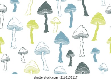 Amanita choky mushrooms seamless pattern illustration. Fantasy forest fungus isolated. Pale toadstool or amanita mushrooms print. Agaric doodle. Textile print background.