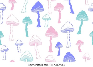 Amanita choky mushrooms seamless pattern illustration. Fantasy forest fungus isolated. Pale toadstool or amanita mushrooms print. Agaric sketch. Textile print background.