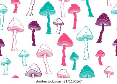 Amanita choky mushrooms seamless pattern illustration. Mystery forest fungus isolated. Pale toadstool or amanita mushrooms print. Agaric doodle. Fabric print background.