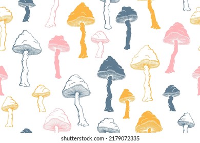 Amanita choky mushrooms seamless pattern illustration. Fantasy forest fungus isolated. Pale toadstool or amanita mushrooms print. Agaric doodle. Textile print background.