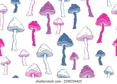 Amanita choky mushrooms seamless pattern illustration. Magic forest fungus isolated. Pale toadstool or amanita mushrooms print. Agaric doodle. Textile print background.