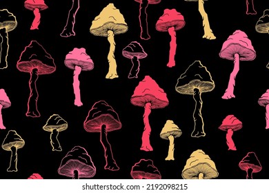 Amanita choky mushrooms seamless pattern illustration. Fairy forest fungus isolated. Pale toadstool or amanita mushrooms print. Agaric doodle. Fabric print background.