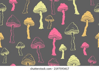 Amanita choky mushrooms seamless pattern illustration. Mystery forest fungus isolated. Pale toadstool or amanita mushrooms print. Agaric doodle. Textile print background.