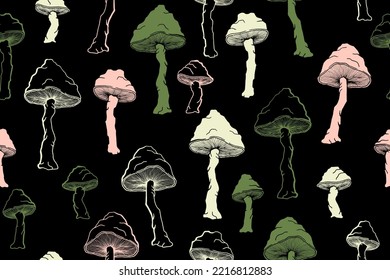 Amanita choky mushrooms seamless pattern illustration. Fantasy forest fungus isolated. Pale toadstool or amanita mushrooms print. Agaric sketch. Fabric print background.