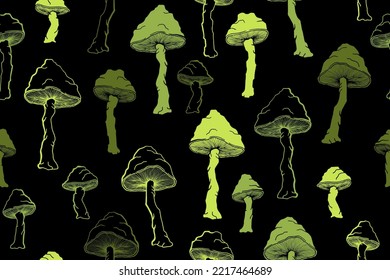 Amanita choky mushrooms seamless pattern illustration. Mystery forest fungus isolated. Pale toadstool or amanita mushrooms print. Agaric sketch. Fabric print background.