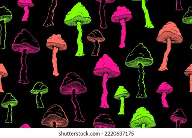 Amanita choky mushrooms seamless pattern illustration. Fairy forest fungus isolated. Pale toadstool or amanita mushrooms print. Agaric sketch. Fabric print background.