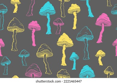 Amanita choky mushrooms seamless pattern illustration. Magic forest fungus isolated. Pale toadstool or amanita mushrooms print. Agaric doodle. Fabric print background.