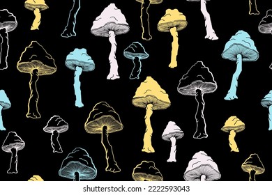 Amanita choky mushrooms seamless pattern illustration. Magic forest fungus isolated. Pale toadstool or amanita mushrooms print. Agaric sketch. Fabric print background.