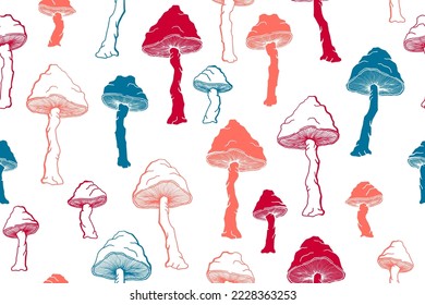 Amanita choky mushrooms seamless pattern illustration. Magic forest fungus isolated. Pale toadstool or amanita mushrooms print. Agaric doodle. Textile print background.