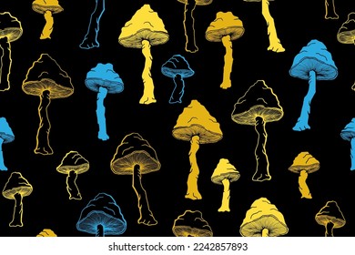 Amanita choky mushrooms seamless pattern illustration. Fairy forest fungus isolated. Pale toadstool or amanita mushrooms print. Agaric sketch. Textile print background.