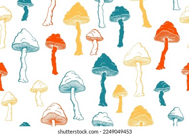 Amanita choky mushrooms seamless pattern illustration. Fantasy forest fungus isolated. Pale toadstool or amanita mushrooms print. Agaric sketch. Textile print background.