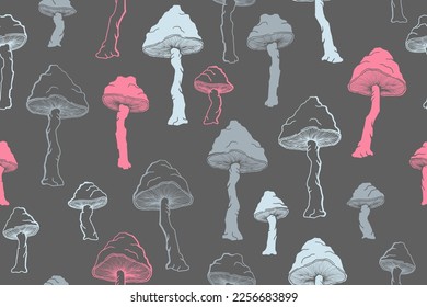 Amanita choky mushrooms seamless pattern illustration. Magic forest fungus isolated. Pale toadstool or amanita mushrooms print. Agaric sketch. Textile print background.