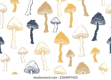 Amanita choky mushrooms seamless pattern illustration. Magic forest fungus isolated. Pale toadstool or amanita mushrooms print. Agaric doodle. Fabric print background.
