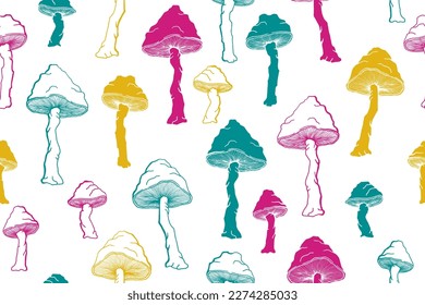 Amanita choky mushrooms seamless pattern illustration. Mystery forest fungus isolated. Pale toadstool or amanita mushrooms print. Agaric doodle. Fabric print background.