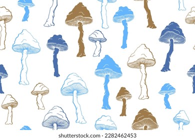 Amanita choky mushrooms seamless pattern illustration. Magic forest fungus isolated. Pale toadstool or amanita mushrooms print. Agaric sketch. Fabric print background.