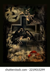 Amanita and crows in night cemetery, halloween invitation card vector illustration
