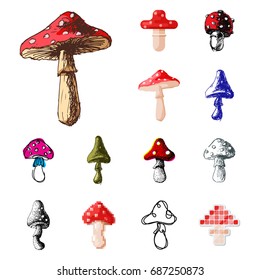 Amanita fly agaric toadstool mushrooms fungus different art style design vector illustration red hat