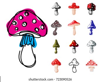 Amanita fly agaric toadstool mushrooms fungus different art style design vector illustration red hat