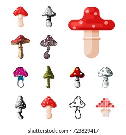 Amanita fly agaric toadstool mushrooms fungus different art style design vector illustration red hat