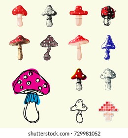 Amanita fly agaric toadstool mushrooms fungus different art style design vector illustration red hat