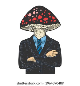 Amanita fly agaric toxic mushroom head businessman color sketch engraving vector illustration. T-shirt apparel print design. Scratch board imitation. Black and white hand drawn image.