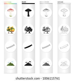 Amanita, forest fire, hand saw on wood, mountain with clouds. Forest set collection icons in cartoon black monochrome outline style vector symbol stock illustration web.