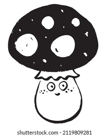 Amanita with funny face. Black and white vector illustration. Cute character in cartoon style.