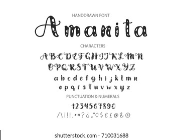 Amanita. Handdrawn Vector font.  Display cute styled calligraphy typeface. 