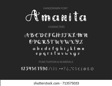 Amanita. Handdrawn Vector font.  Display cute styled calligraphy typeface. 