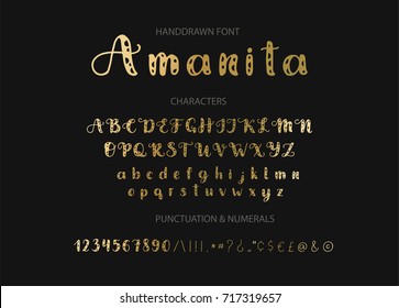 Amanita. Handdrawn Vector font.  Display cute styled calligraphy typeface. 