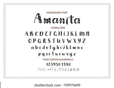 Amanita. Handdrawn Vector font.  Display cute styled calligraphy typeface. 