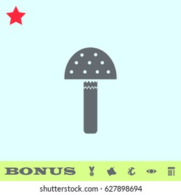 Amanita icon flat. Grey pictogram on blue background. Vector illustration symbol and bonus buttons medal, cow, earth, eye, calculator