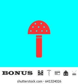 Amanita icon flat. Red pictogram on blue background. Vector illustration symbol and bonus buttons Music center, corkscrew, credit card, house, drum