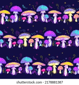 Amanita, inedible mushroom, multi-colored fly agaric on a dark background. Bright summer illustration in cartoon style, cosmic magic mushrooms. Fairy ring. For wallpaper, textile printing, packaging