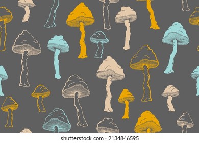 Amanita inedible mushrooms seamless pattern illustration. Mystery forest fungus isolated. Pale toadstool or amanita mushrooms print. Agaric doodle. Fabric print background.
